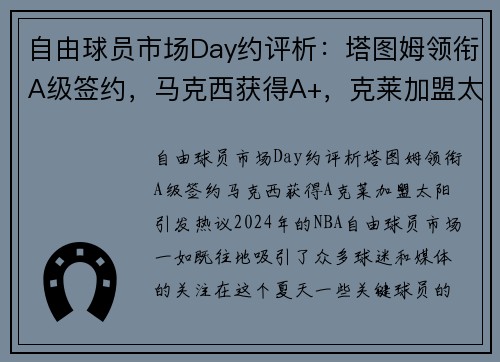 自由球员市场Day约评析：塔图姆领衔A级签约，马克西获得A+，克莱加盟太阳引发热议