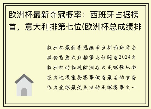 欧洲杯最新夺冠概率：西班牙占据榜首，意大利排第七位(欧洲杯总成绩排名)