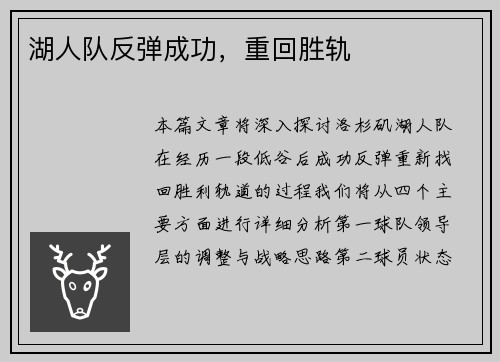 湖人队反弹成功，重回胜轨
