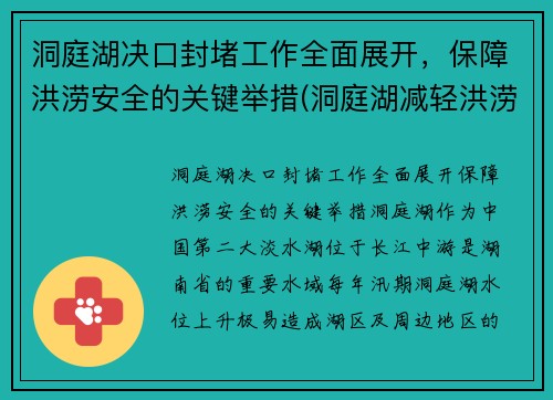 洞庭湖决口封堵工作全面展开,保障洪涝安全的关键举措(洞庭湖减轻洪涝灾害)