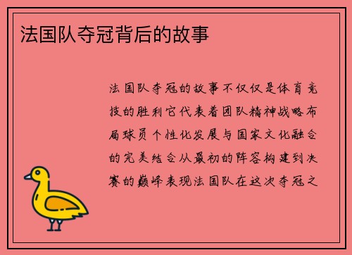 法国队夺冠背后的故事 法国队夺冠背后的故事