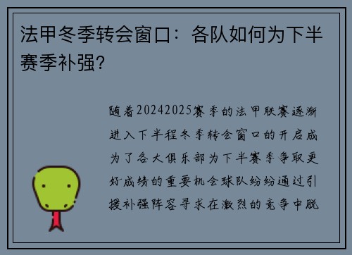 法甲冬季转会窗口:各队如何为下半赛季补强? 法甲冬季转会窗口:各队如何为下半赛季补强?
