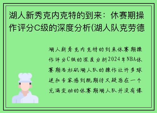 湖人新秀克内克特的到来:休赛期操作评分C级的深度分析(湖人队克劳德)