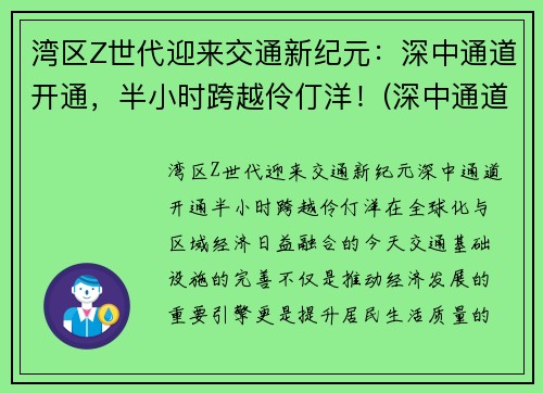 湾区Z世代迎来交通新纪元:深中通道开通,半小时跨越伶仃洋!(深中通道全长) 湾区Z世代迎来交通新纪元:深中通道开通,半小时跨越伶仃洋!(深中通道全长)