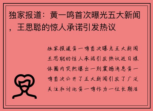 独家报道:黄一鸣首次曝光五大新闻,王思聪的惊人承诺引发热议 独家报道:黄一鸣首次曝光五大新闻,王思聪的惊人承诺引发热议