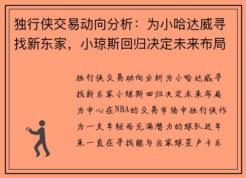独行侠交易动向分析:为小哈达威寻找新东家,小琼斯回归决定未来布局 独行侠交易动向分析:为小哈达威寻找新东家,小琼斯回归决定未来布局