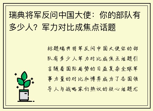 瑞典将军反问中国大使:你的部队有多少人?军力对比成焦点话题