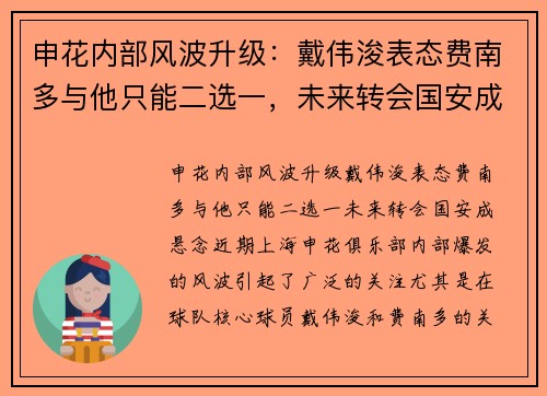 申花内部风波升级:戴伟浚表态费南多与他只能二选一,未来转会国安成悬念