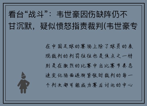 看台“战斗”:韦世豪因伤缺阵仍不甘沉默,疑似愤怒指责裁判(韦世豪专访)