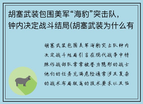 胡塞武装包围美军“海豹”突击队,钟内决定战斗结局(胡塞武装为什么有导弹)
