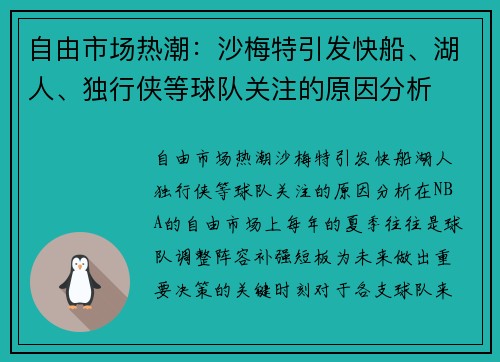 自由市场热潮:沙梅特引发快船、湖人、独行侠等球队关注的原因分析 自由市场热潮:沙梅特引发快船、湖人、独行侠等球队关注的原因分析