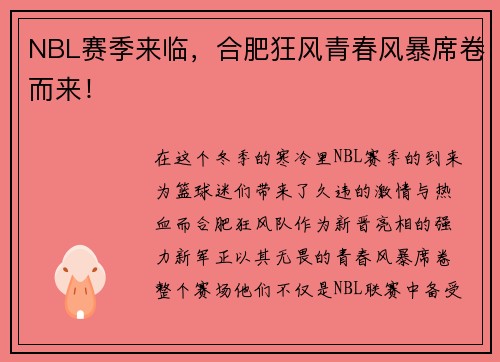 NBL赛季来临,合肥狂风青春风暴席卷而来!