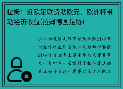 拉姆:近欧足联资助欧元,欧洲杯带动经济收益(拉姆德国足协)