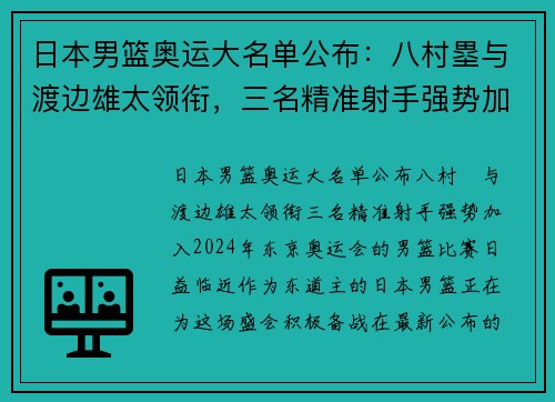日本男篮奥运大名单公布:八村塁与渡边雄太领衔,三名精准射手强势加入