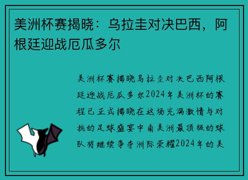 美洲杯赛揭晓：乌拉圭对决巴西，阿根廷迎战厄瓜多尔