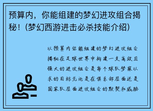 预算内，你能组建的梦幻进攻组合揭秘！(梦幻西游进击必杀技能介绍)
